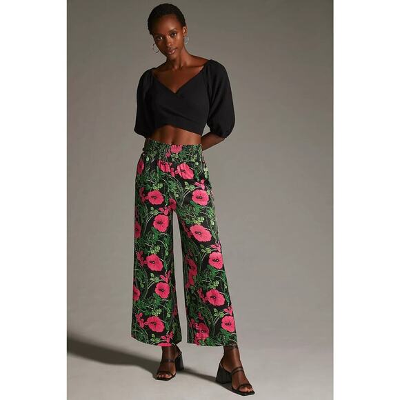 Anthropologie Pants - Anthropologie Maeve Saria Smocked Wide-Leg Floral Black Pants Size S